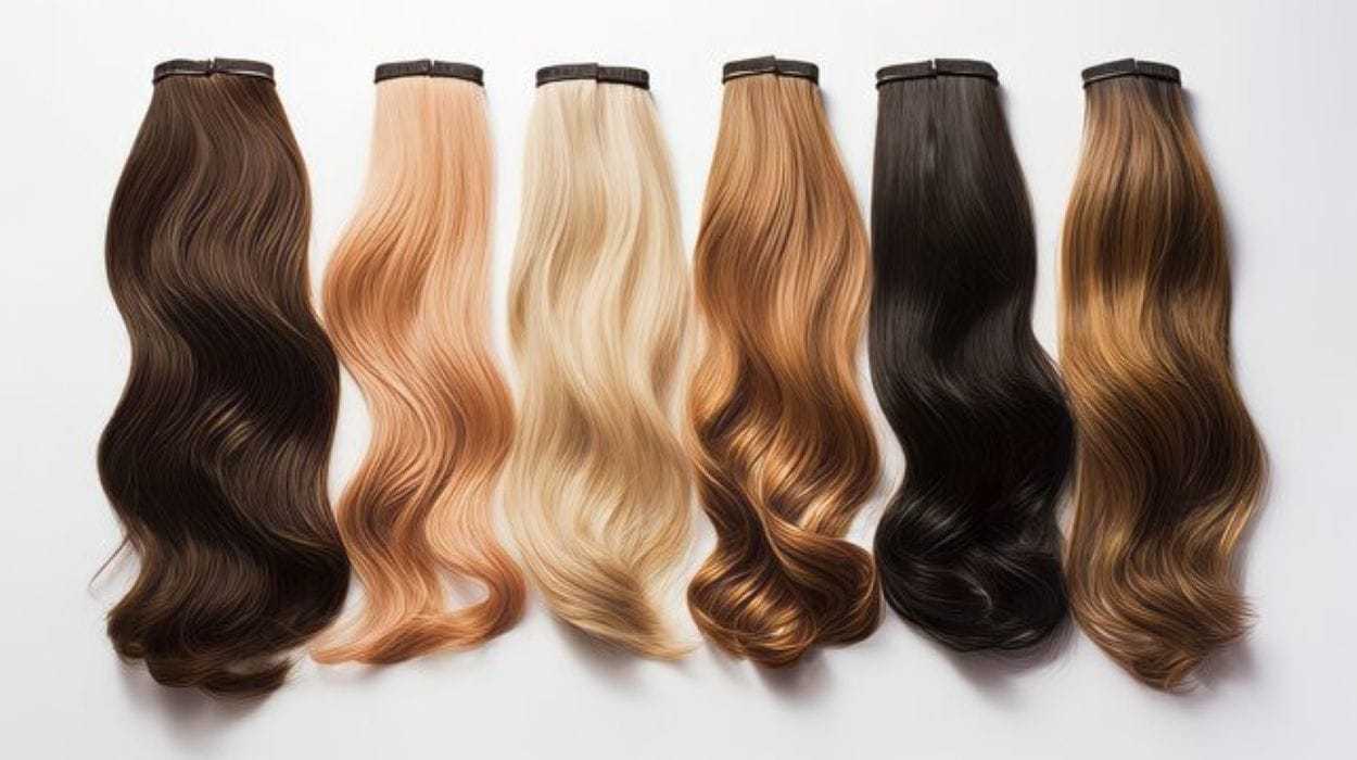 Different shades of hair extensions displayed in six rows, from dark brown to blonde.