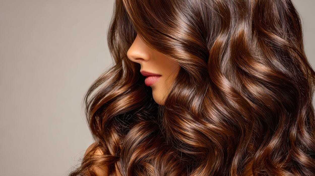 Wavy brown hair cascading down a woman's shoulder against a neutral background.